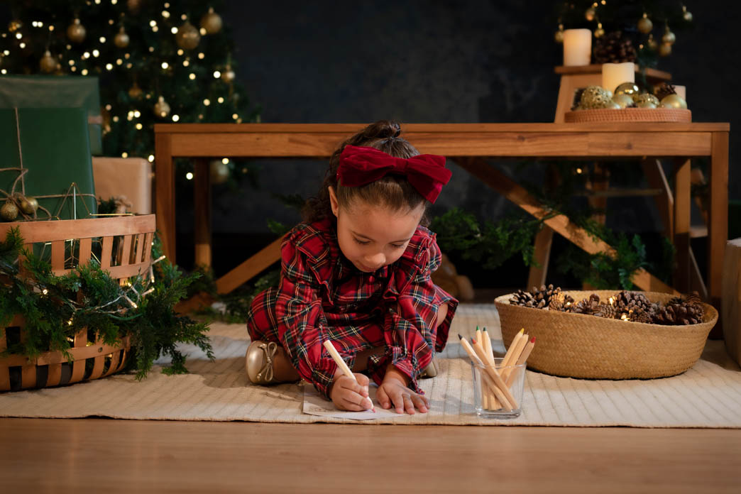 niña escribiendo la carta a santo en sesiones de foto de navidad con aleiram fotografia